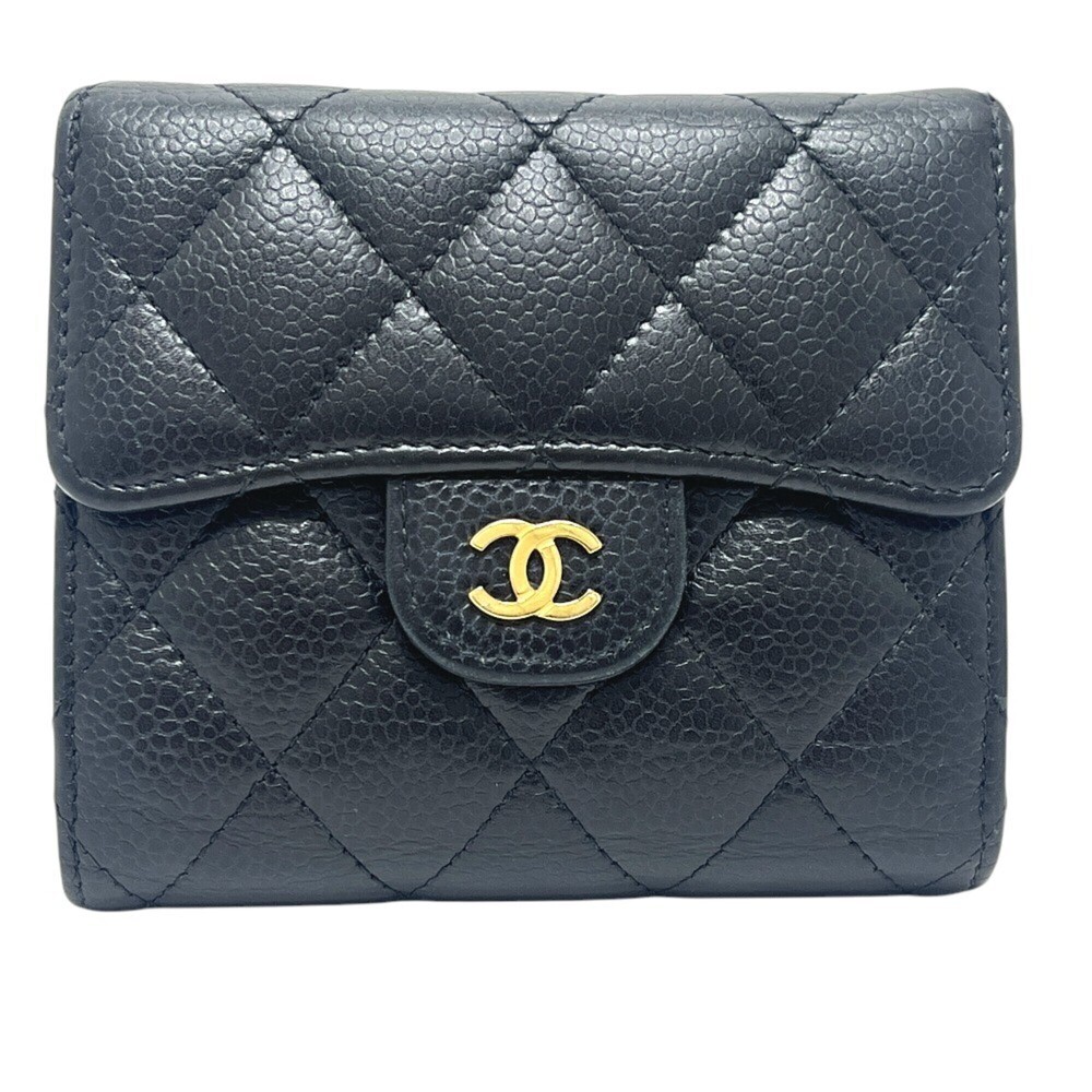 CHANEL AP0231 Matelassé Coco Mark Compact Tri-fold Wallet, Caviar Leather, Wo...